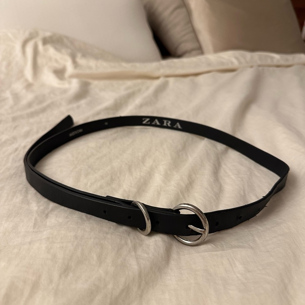 Zara Black Skinny Belt with Dual Silver Rings